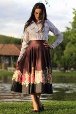 Saia midi godê total marrom rosas