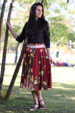 Saia midi god&ecirc; total vermelha flores