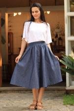 Saia jeans midi god&ecirc; azul escuro