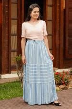 Saia longa babados azul claro listras