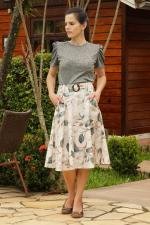 Saia midi godê bege floral cinto e bolsos