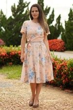 Vestido midi evas&ecirc; rosa flores azuis