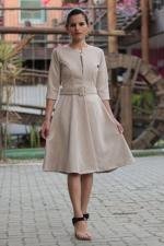 Vestido midi godê marfim neosuede com cinto