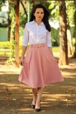 Saia midi god&ecirc; ros&ecirc; com cinto e bolsos