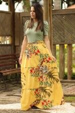 Saia longa evas&ecirc; franzida mostarda floral