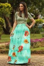 Saia longa evasê franzida verde floral
