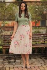 Saia midi plissada bege floral