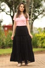 Saia longa franzida preta bordada