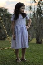 Vestido infantil midi franzido branco flores lil&aacute;s