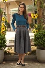 Saia midi cinza grid com bolsos
