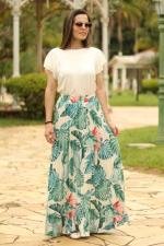 Saia longa plissada bege folhagem