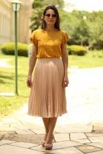 Saia midi plissada p&ecirc;ssego