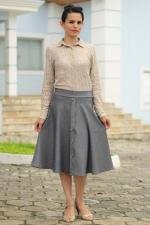 Saia midi god&ecirc; cinza com bot&otilde;es