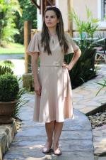 Vestido midi evas&ecirc; bege manga god&ecirc;