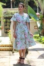 Vestido midi evas&ecirc; verde floral manga god&ecirc;