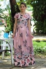 Vestido longo de pregas ros&ecirc; floral