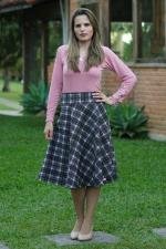 Saia midi jacquard cinza xadrex
