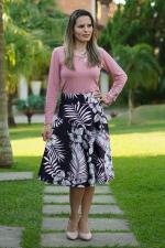 Saia midi evas&ecirc; preta floral