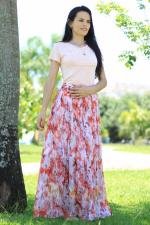 Saia longa franzida bege floral