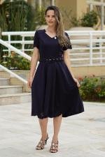 Vestido midi marinho com cinto