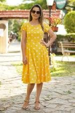 Vestido midi evasê amarelo poá
