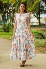 Vestido longo branco flores e arabescos