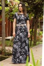 Vestido longo evas&ecirc; preto floral branco
