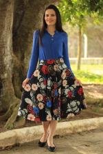Saia midi godê total preta estampada